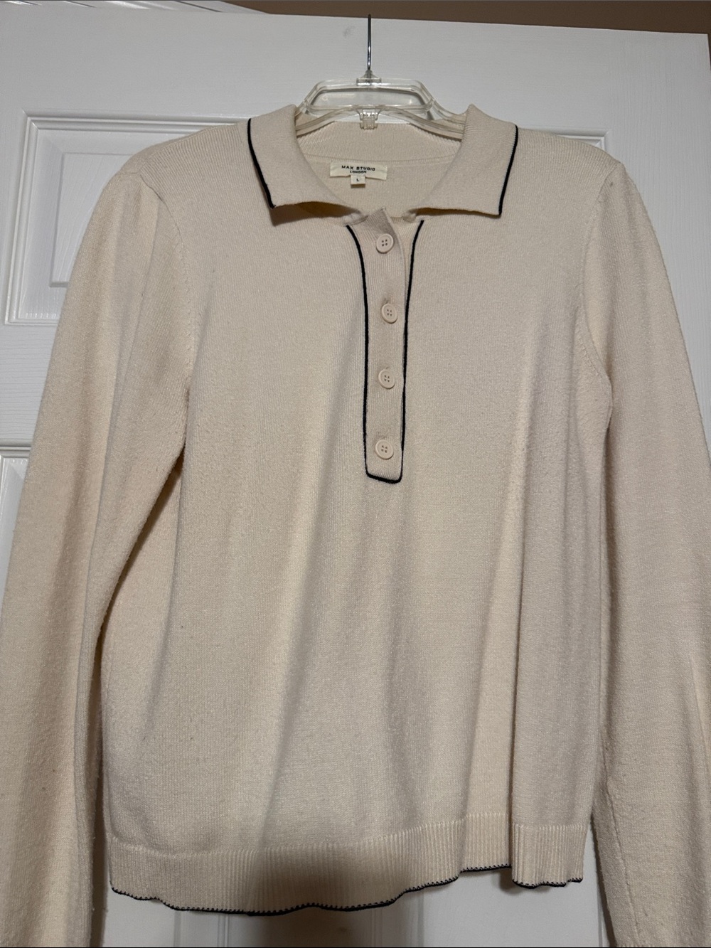 Max Studio Cream Polo-Style V-Neck Sweater with Black Trim